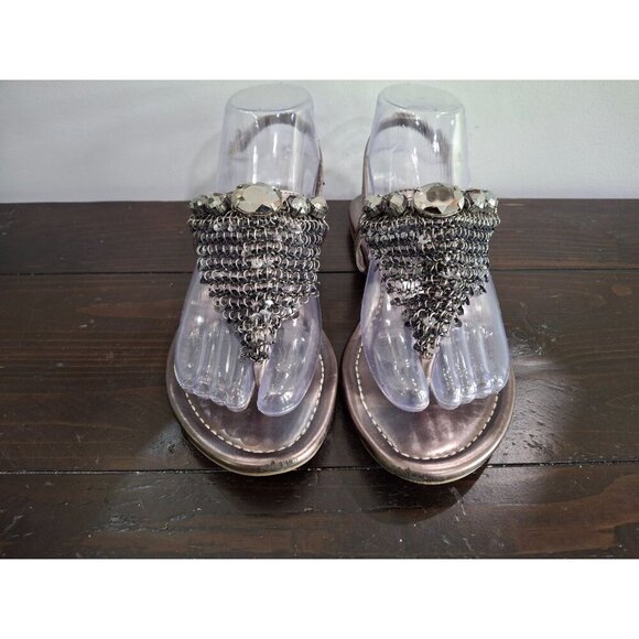 Vince Camuto Milanas Silver Leather Thong Sandals With Rhinestone & Chains/Sz. 6 - Picture 5 of 11